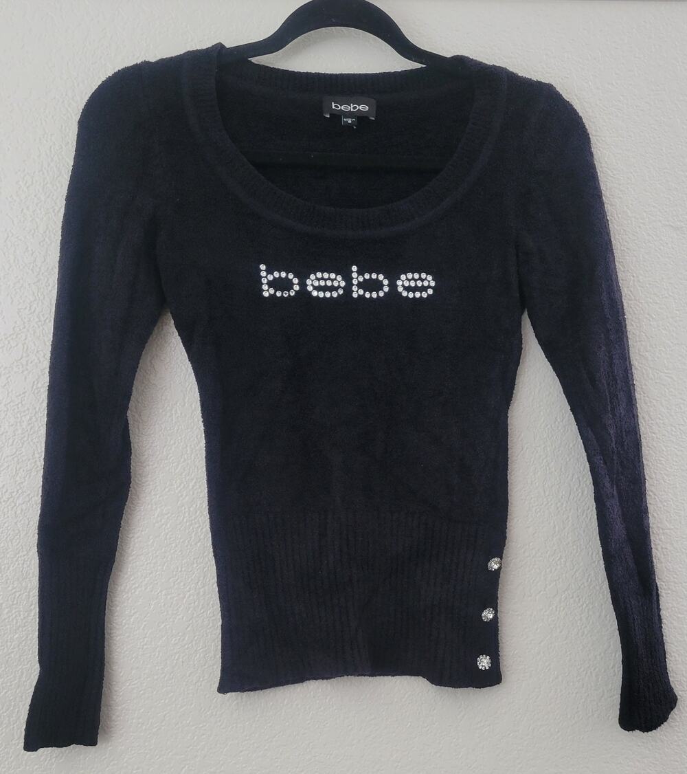 Bebe Black Rhinestone Logo Sweater Women's Small Fuzzy Nylon Y2K Long Sleeve